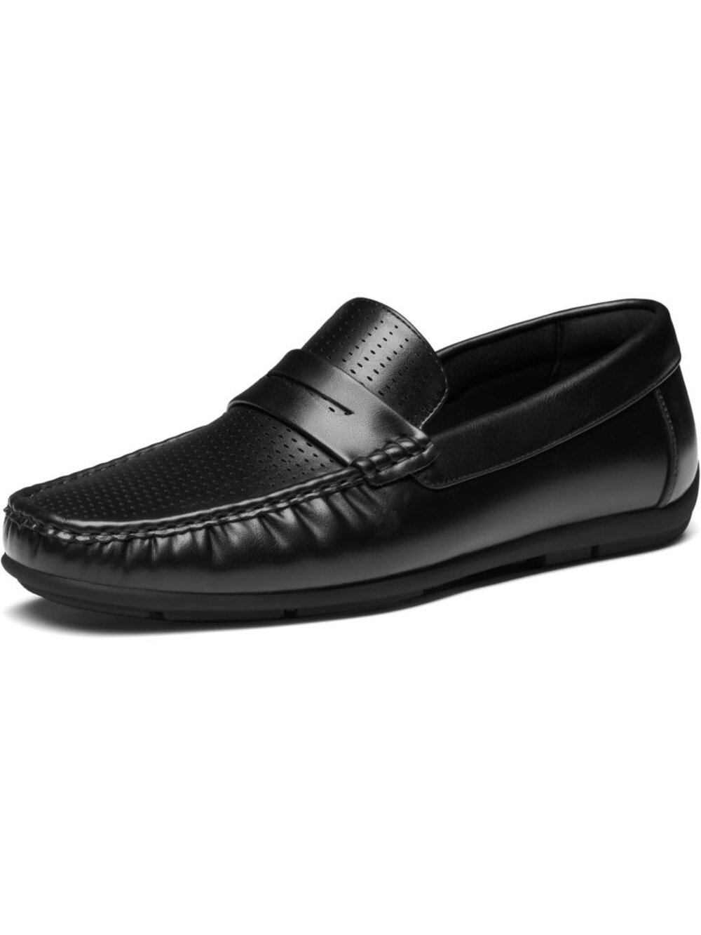 Men's Black Perforated Square Toe Lightweight Slip On Faux Leather Penny Loafers